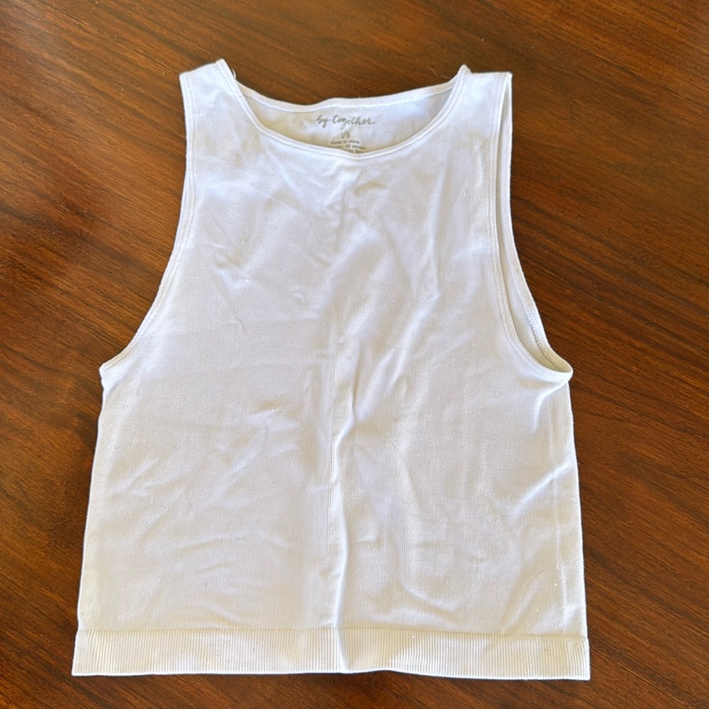 By Together white high neck tank, size S/M, slight pilling